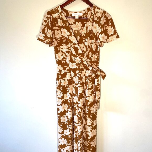 Monteau Pants - Monteau Wide Leg Jumpsuit Short Sleeved Floral Neutral Pockets Boho Hippie XS